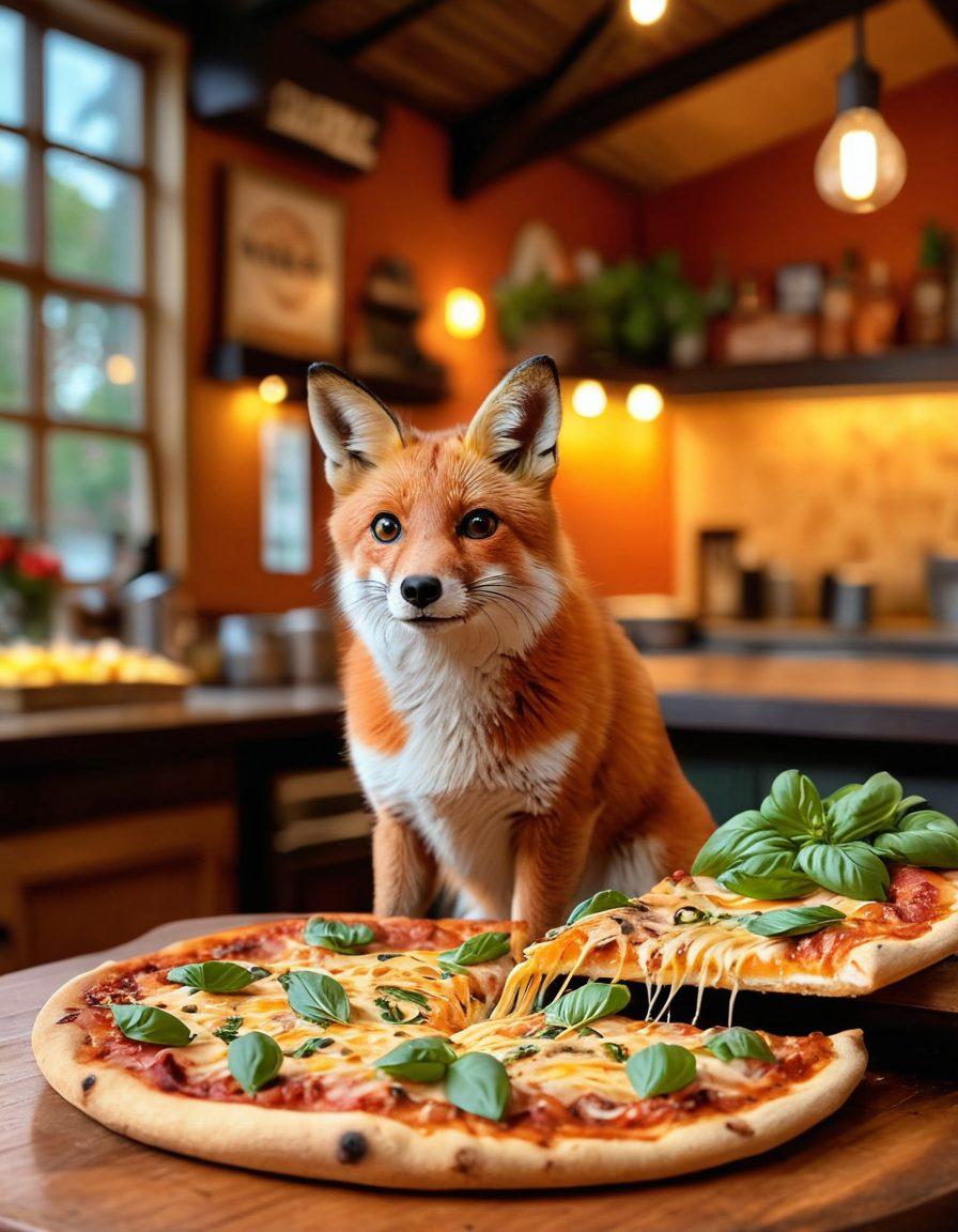 A delicious slice of pizza topped with vibrant ingredients, showcasing melted cheese, fresh basil, and a crispy crust, placed on a wooden pizza board. In the background, a cozy pizzeria atmosphere with warm lighting, showcasing the inviting decor of Foxes Pizza. Include a playful fox mascot peeking from behind the counter, adding a whimsical touch. The overall scene should evoke a sense of warmth and comfort, inviting viewers to indulge. super-realistic. vibrant colors. warm lighting.