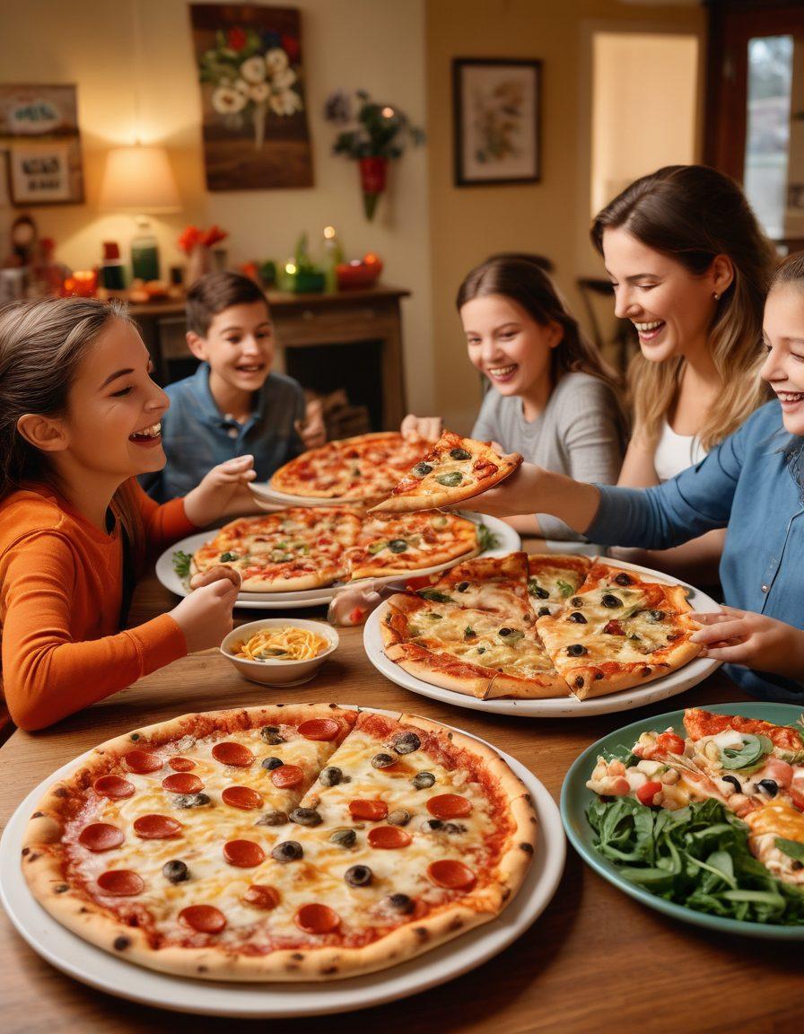 A warm and inviting family dining scene featuring a colorful spread of takeout pizza and sides from Foxes Pizza, with kids enjoying the meal, laughter in the background, and a cozy home setting. Include pizza boxes with playful designs, a table decorated with vibrant dishes and drinks, and family members sharing joyful moments. soft lighting. vibrant colors. cozy atmosphere.