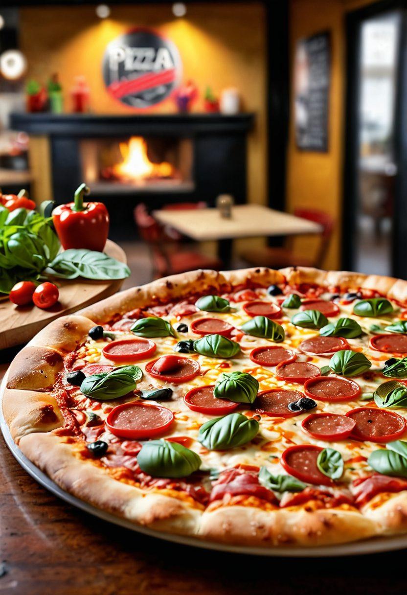 A mouthwatering close-up of a freshly baked pizza, topped with vibrant, colorful ingredients like pepperoni, bell peppers, and fresh basil, set against the backdrop of a modern, inviting pizzeria interior. Include digital elements like a smartphone displaying an online ordering app and a chalkboard with daily pizza deals. The atmosphere should be lively and warm, evoking the excitement of enjoying delicious pizza. super-realistic. vibrant colors. cozy ambiance.